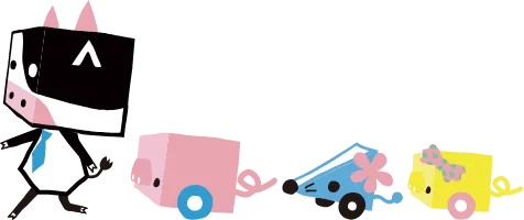 ウシトラのキャラクター:ネクタイをつけたウシ、車輪のついたピンクと黄色の豚・ネズミのようなキャラ